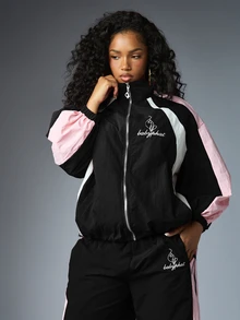 BABYPHAT Logo Embroidered Color Block Zip-Up Track Jacket With Mock Neck And Pink Sleeve Panel Detail - Black - View 1