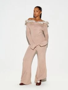 SUMWON WOMEN Off-Shoulder Faux Fur Trim Knit Sweater Top With Long Sleeves Fitted Silhouette And Fluffy Feather Neckline Detail - Beige - View 3