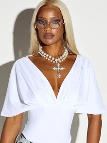 SUMWON WOMEN Bodysuit cổ V xẻ sâu với tay ngắn bướm và chi tiết ngực nhún, thiết kế một mảnh thanh lịch có cài bấm - trắng - Xem 5