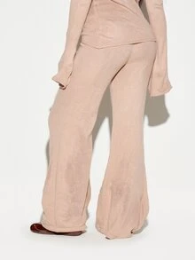 SUMWON WOMEN Knit Wide Leg Flared Pants With Drawstring Waist High Rise Full Length Loose Lounge Casual Palazzo Trousers Autumn Winter - Apricot - View 5