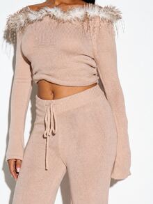 SUMWON WOMEN Knit Wide Leg Flared Pants With Drawstring Waist High Rise Full Length Loose Lounge Casual Palazzo Trousers Autumn Winter - Apricot - View 3