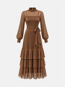 Lost Ink Elegant Taupe Glitter Mesh High Neck Long Bishop Sleeve Tie Waist Dress With Tiered Ruffle Hem - Apricot - View 8