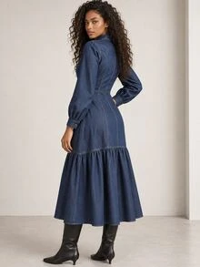 ELLERISSA Women's Front Button Long Sleeve Ruffle Hem Dress - Royal Blue - View 2