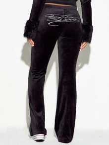 SUMWON WOMEN Velvet Flared Flare Leg Pants With Rhinestone Script Bum Print Mid Rise Full Length Lounge Trousers Autumn Winter - Black - View 3