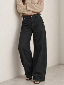 ELLERISSA Black High Waist Elastic Back Barrel Leg Jeans - Black - View 6