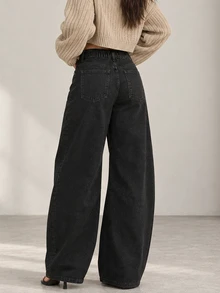 ELLERISSA Black High Waist Elastic Back Barrel Leg Jeans - Black - View 2
