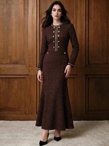 Lost Ink Elegant Brown Tweed Look Round Neck Long Sleeve Fit And Flare Midi Dress With Cream Braided Trim Gold Tone Buttons And Pocket Detail - Brown - View 4