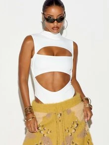 SUMWON WOMEN Sleeveless Mock Neck Cut-Out Bodysuit With Double Open Midriff Detail And High Neck Skin Tight Fit For Night Out - White - View 4