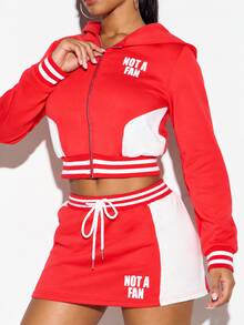 SUMWON WOMEN Cropped Full-Zip Hoodie And Mini Skirt Co-Ord Set With Contrast Stripe Trim And Slogan Text Print - Red and White - View 4