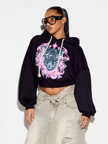 SUMWON WOMEN Áo nỉ crop dáng boxy oversize, in họa tiết hổ, bướm và hoa trước ngực, có mũ trùm đầu dây rút - màu đen - Xem 5