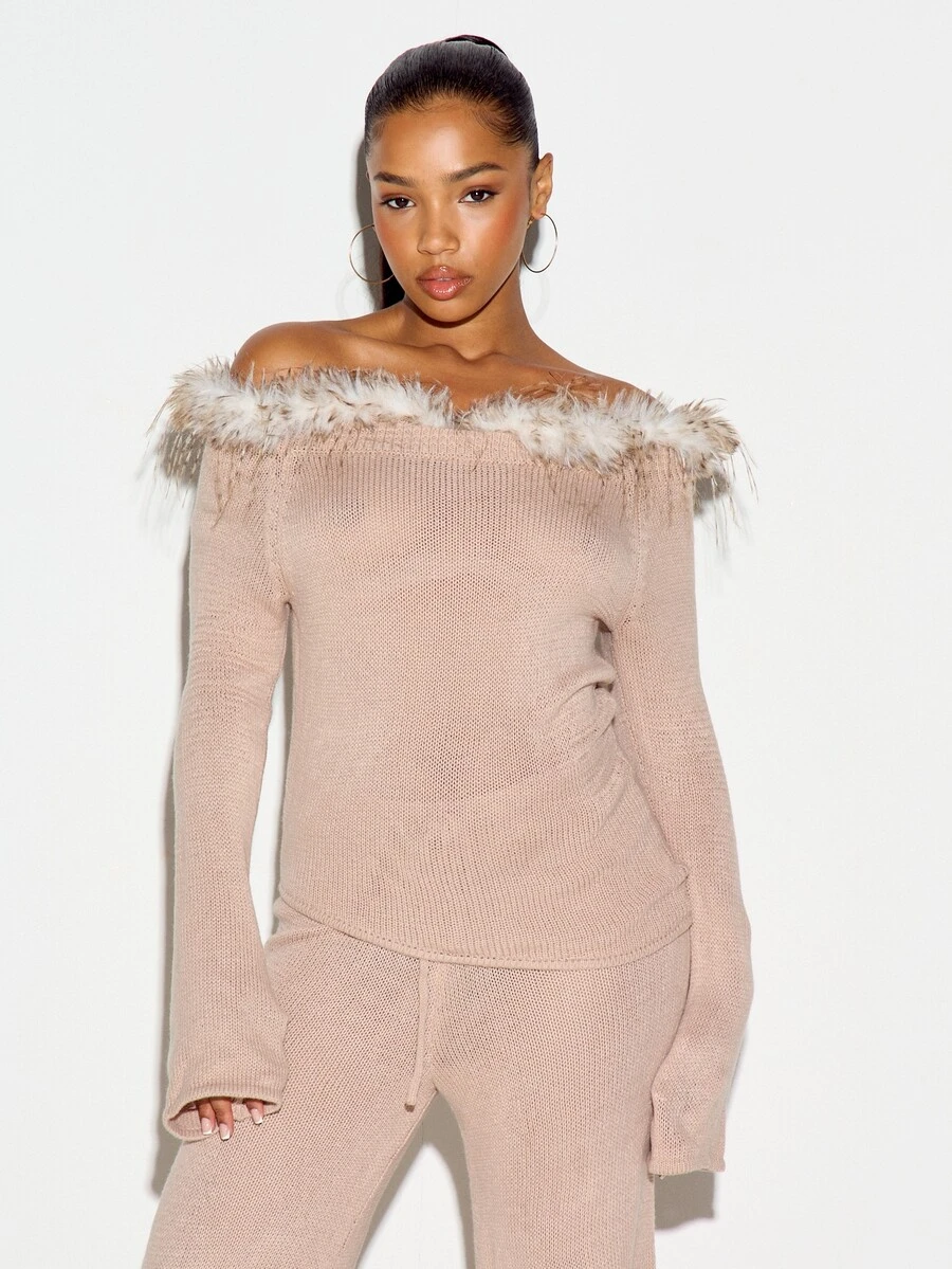 SUMWON WOMEN Off-Shoulder Faux Fur Trim Knit Sweater Top With Long Sleeves Fitted Silhouette And Fluffy Feather Neckline Detail - Beige - View 1