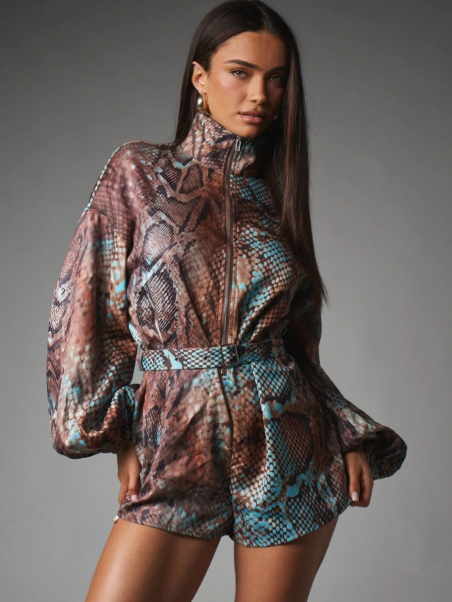 MISSGUIDED Snake Print High Neck Zip Front Romper With Puff Long Sleeves And Matching Belt In Relaxed Fit - Brown - View 1