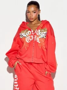 SUMWON WOMEN Boxy Fit Oversized Full-Zip Crop Sweatshirt With Tiger Graphic And Old English Text Print On Front And Sleeve - Red - View 2