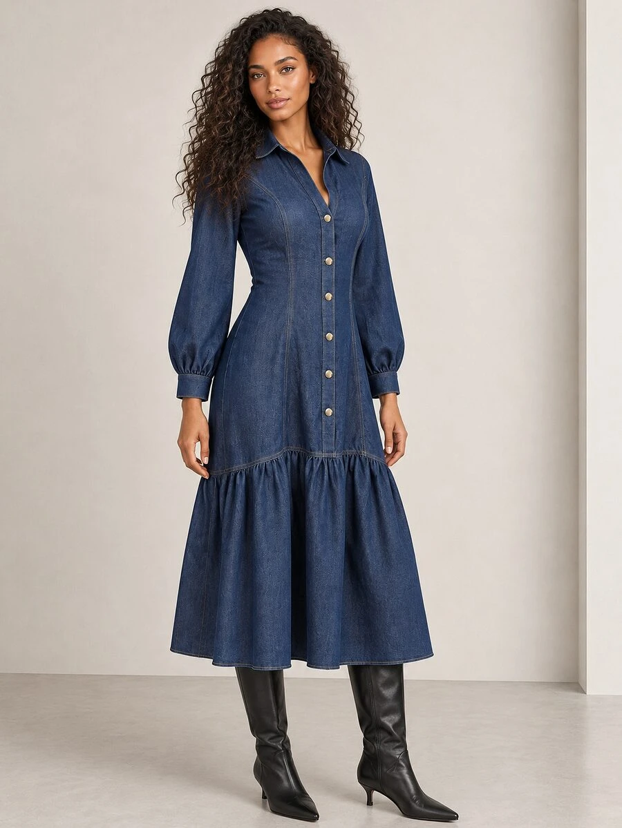 ELLERISSA Women's Front Button Long Sleeve Ruffle Hem Dress - Royal Blue - View 1