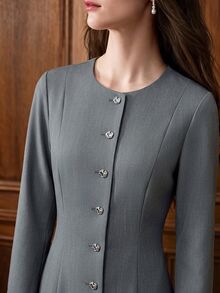 Lost Ink Elegant Charcoal Grey Round Neck Long Sleeve Fit And Flare Dress With Silver Tone Button Front Detail - White - View 7
