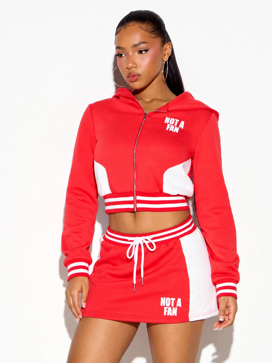SUMWON WOMEN Cropped Full-Zip Hoodie And Mini Skirt Co-Ord Set With Contrast Stripe Trim And Slogan Text Print - Red and White - View 1