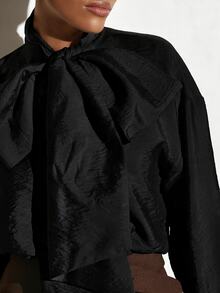 KSTM Bow Blouse With Long Sleeves Crinkle Satin Fabric Oversized Fit Tie Neck Statement Top For Evening Or Office - Black - View 3
