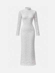 Lost Ink Elegant Cream Floral Lace High Neck Long Sleeve Fit And Flare Midi Dress - Apricot - View 8