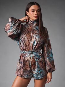 MISSGUIDED Snake Print High Neck Zip Front Romper With Puff Long Sleeves And Matching Belt In Relaxed Fit - Brown - View 5