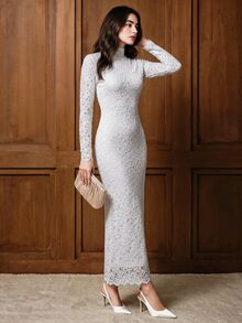 Lost Ink Elegant Cream Floral Lace High Neck Long Sleeve Fit And Flare Midi Dress - Apricot - View 4