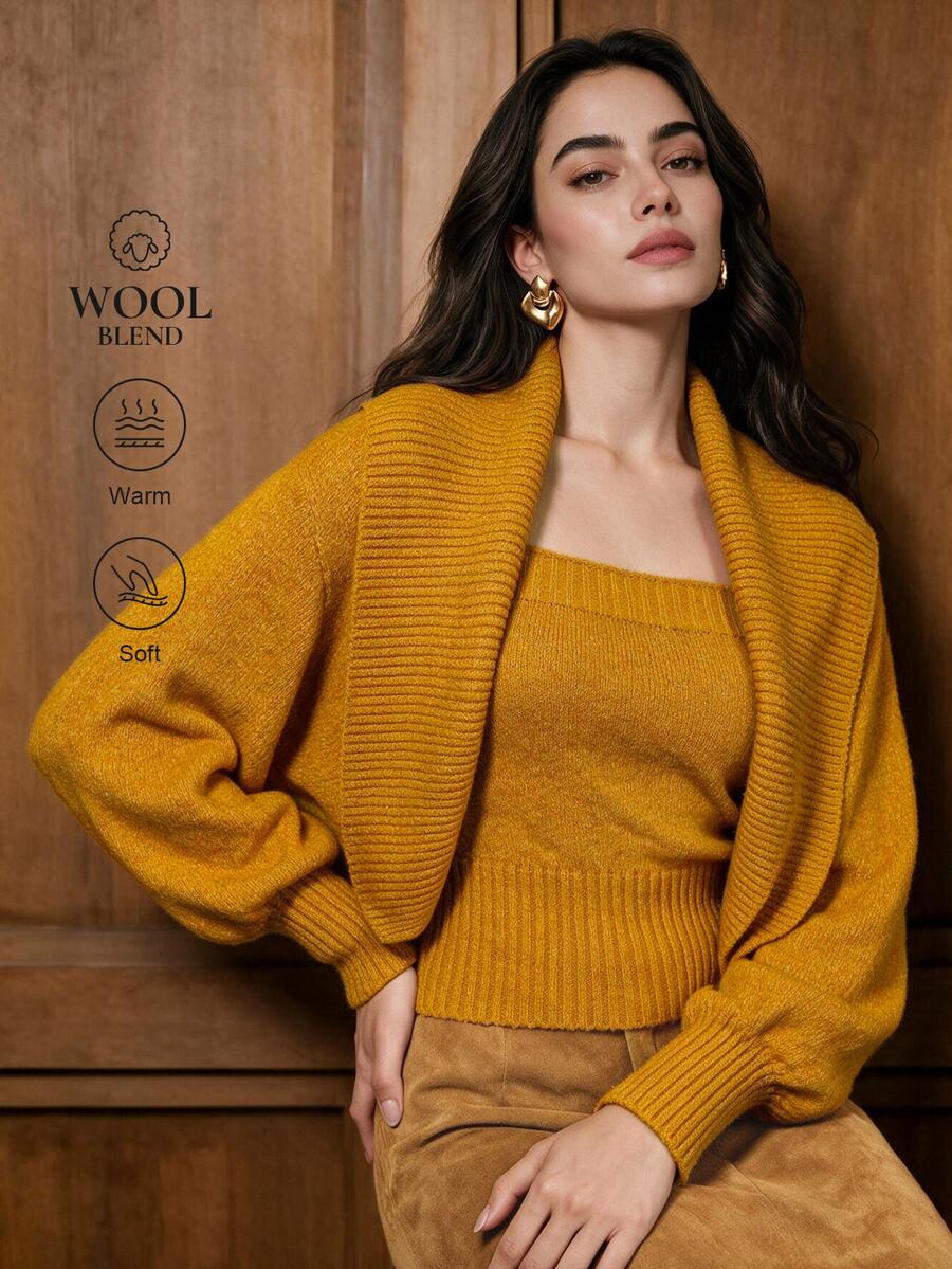 Lost Ink Set Atasan Bandeau Rajut Warna Kuning Mustard dan Kardigan Pendek Lengan Panjang Kerah Syal dengan Trim Bergaris - Kuning - View 1