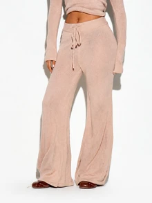 SUMWON WOMEN Knit Wide Leg Flared Pants With Drawstring Waist High Rise Full Length Loose Lounge Casual Palazzo Trousers Autumn Winter - Apricot - View 1