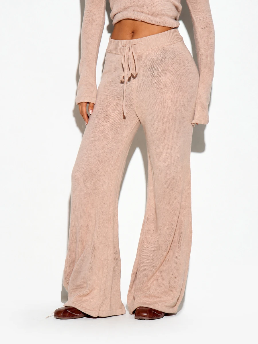 SUMWON WOMEN Knit Wide Leg Flared Pants With Drawstring Waist High Rise Full Length Loose Lounge Casual Palazzo Trousers Autumn Winter - Apricot - View 1