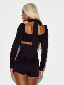 SUMWON WOMEN Cut-Out Long Sleeve Crop Top And Micro Hot Pants Co-Ord Set With Halter Neck Tie Back And Puff Shoulders - Black - View 2