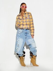 SUMWON WOMEN Cropped Plaid Flannel Oversized Shirt With Novelty Badge Applique Chest Pocket Long Sleeve Button Down Collared Top - Yellow - View 3