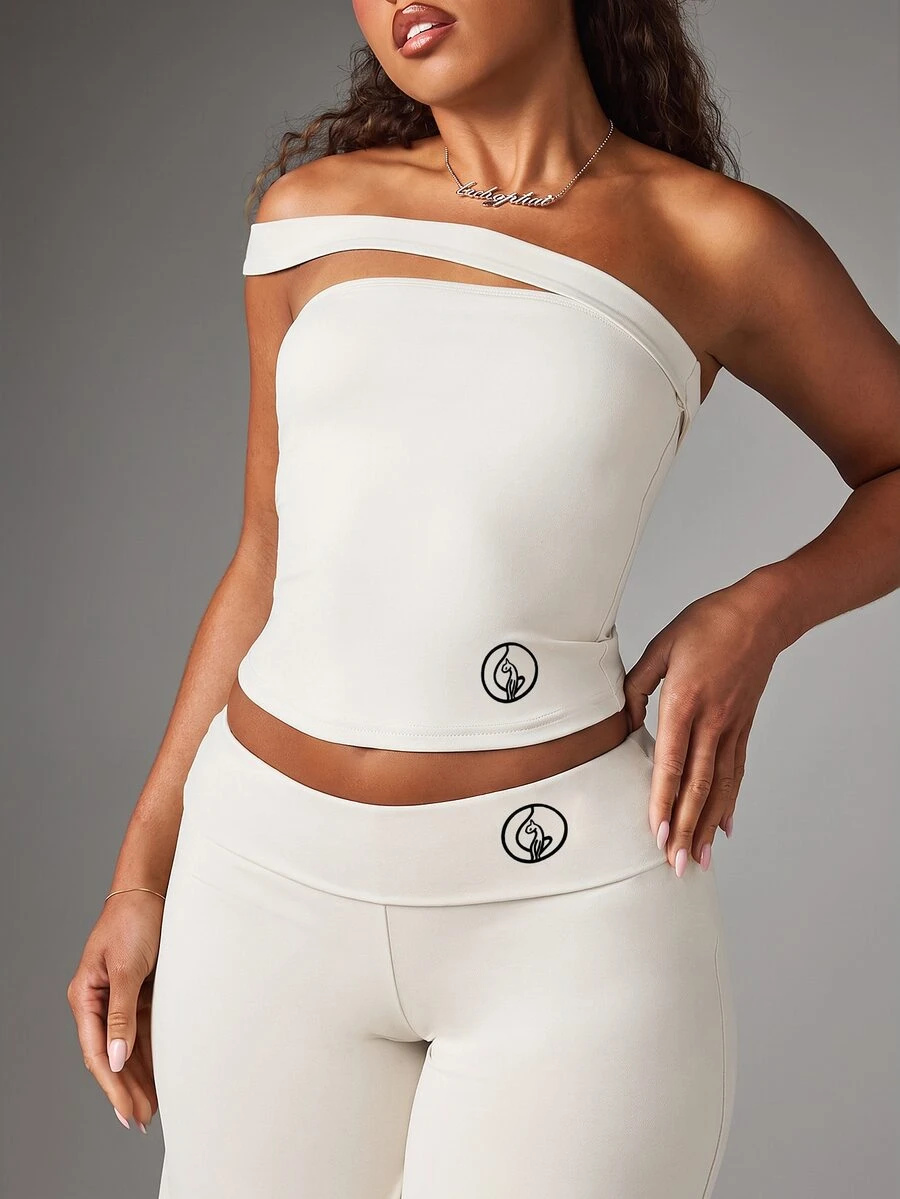 BABYPHAT Flared Culottes With Fold-Over Waistband Logo Detail Mid-Length Wide Leg Cropped Trousers Casual Everyday Streetwear - White - View 1