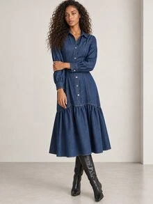 ELLERISSA Women's Front Button Long Sleeve Ruffle Hem Dress - Royal Blue - View 5