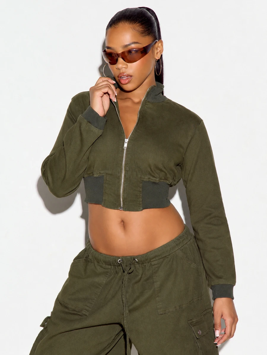 SUMWON WOMEN Cropped Bomber Jacket With Zip Front Closure Ribbed Cuffs Hem And Chest Patch Pockets Casual Streetwear Outerwear - Army Green - View 1