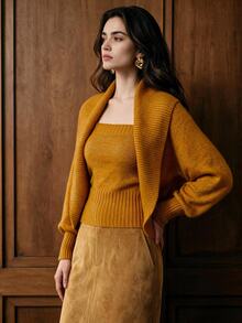 Lost Ink Set Atasan Bandeau Rajut Warna Kuning Mustard dan Kardigan Pendek Lengan Panjang Kerah Syal dengan Trim Bergaris - Kuning - View 4