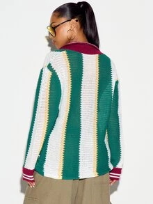 SUMWON WOMEN Oversized Crochet Open Knit Polo Sweater With V-Neck Vertical Stripe Pattern Ribbed Cuffs And Collar Varsity Style Embroidered Logo - Multicolor - View 2