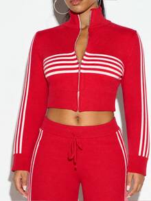 SUMWON WOMEN Cropped Zip-Up Knit Jacket With Stand Collar White Stripe Detail Long Sleeve Ribbed Hem Streetwear Style - Red and White - View 4