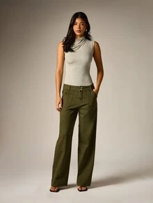 AiiRZ Wide Leg Olive Denim Pants With Patch Pockets Double Button Closure Mid Rise Full Length Casual Everyday Trousers - Army Green - View 3