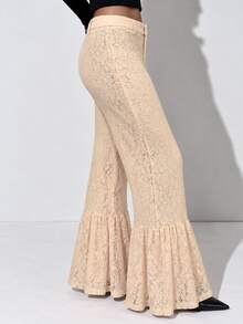 Zerodot Women Cream Lace Ruffle Wide Leg Flared Pants Casual Daily Elevated Basics Going Out Fall Pre Fall - Apricot - View 3