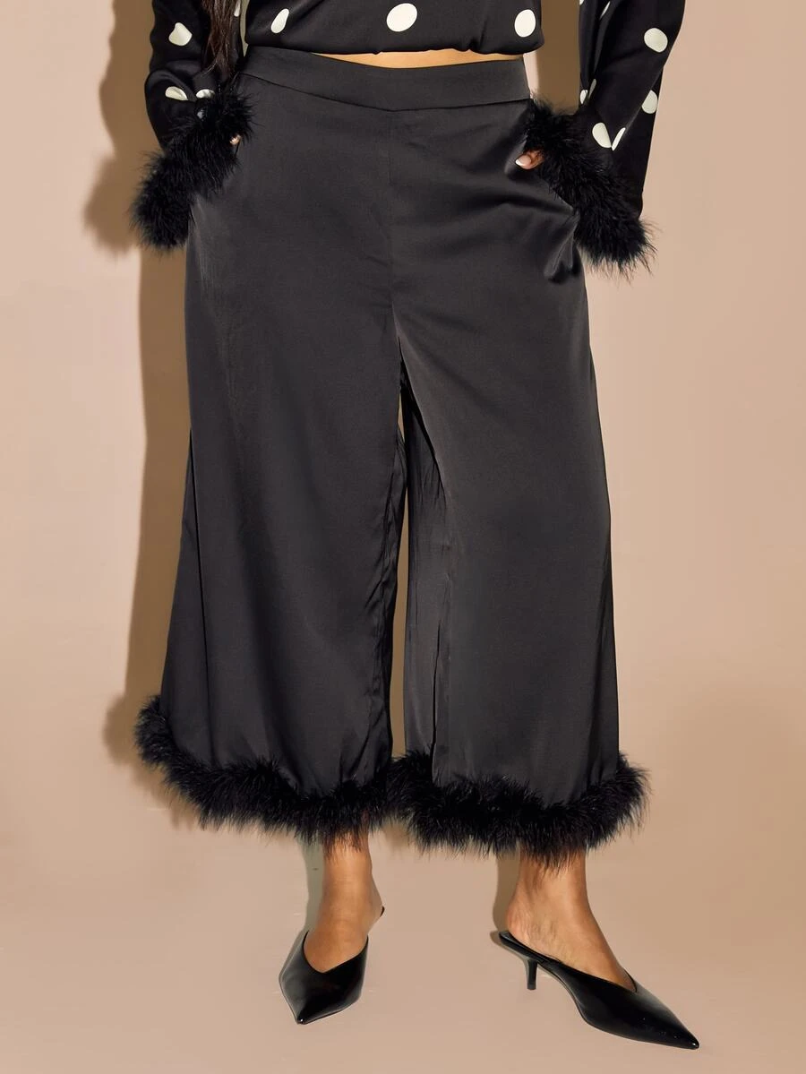 FASHION SZN PLUS SIZE SATIN FEATHER TRIM TROUSERS - Black - View 1