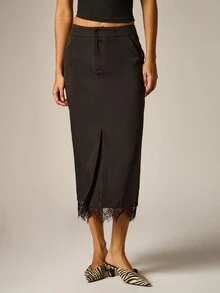 AiiRZ Midi Pencil Skirt With Lace Trim Hem And Front Split Elegant Tailored Silhouette Side Pockets Evening Style - Black - View 1