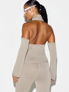 SUMWON WOMEN Atasan Rajut Pendek Kerah Tinggi dengan Bahu Terbuka dan Penghangat Lengan Panjang yang Dapat Dilepas, Sweater Pas Badan dengan Leher Halter - Grey - View 5