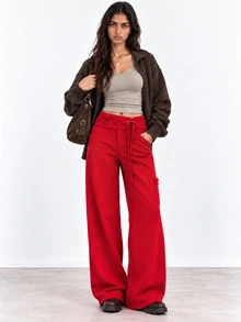 Zerodot Women Bright Red Drawstring Waistband With Cargo Pocket Detail Wide Leg Pants Casual Daily Elevated Basics Fall Pre Fall Winter - Red - View 1