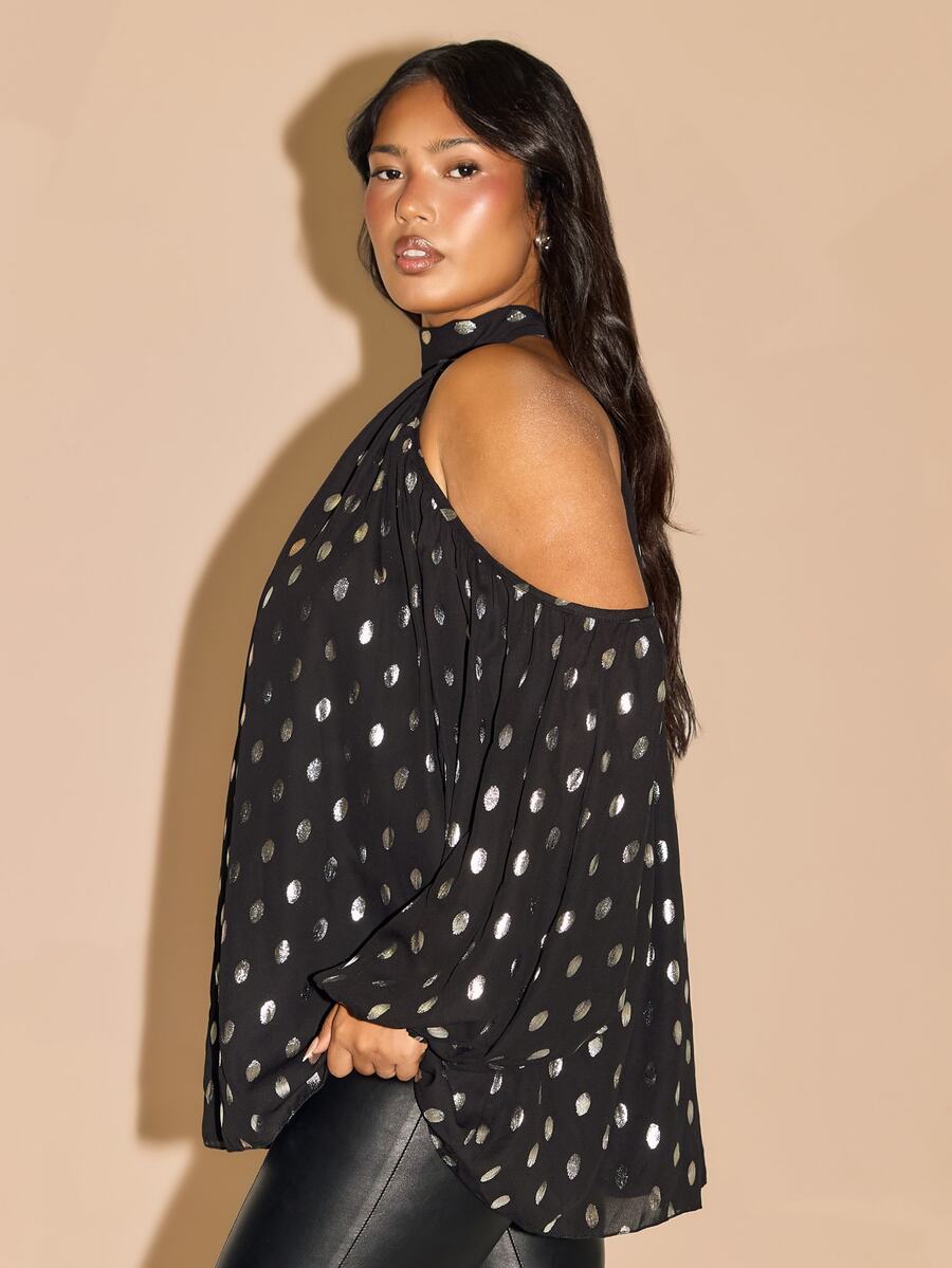 FASHION SZN Plus Size Chiffon Metallic Trapeze Blouse Cold Shoulder Christmas Party Evening Top Sheer Chiffon Blouse Autumn Winter New Season Fall - Black - View 1