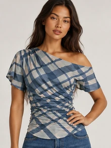 ELLERISSA Blue And Beige Check Asymmetric Asymmetrical Neck Short Sleeve Ruched Jersey Top - Multicolor - View 1