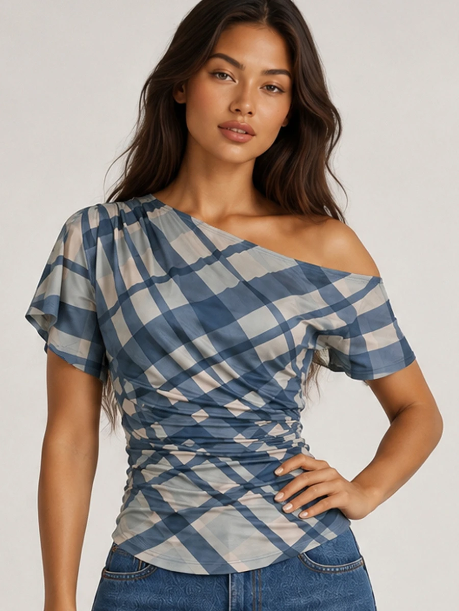 ELLERISSA Blue And Beige Check Asymmetric Asymmetrical Neck Short Sleeve Ruched Jersey Top - Multicolor - View 1