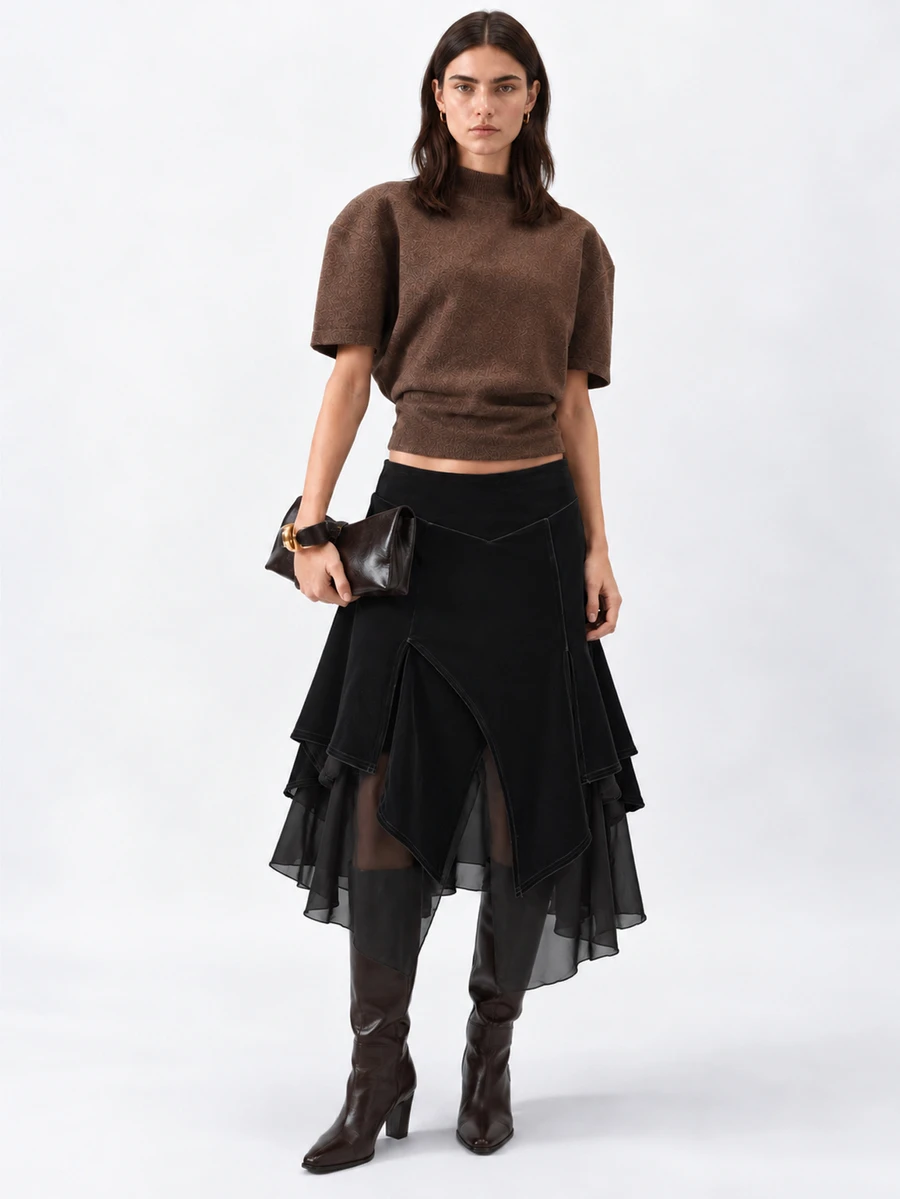 Zerodot Women Black Velvet With Sheer Mesh Underlay Asymmetric Skirt ...