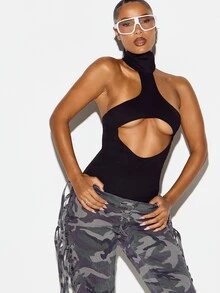 SUMWON WOMEN Turtleneck Sleeveless Bodysuit With Cut-Out Detail Halter Neck One-Shoulder Asymmetric Strap Form Fitting Stretch - Black - View 1