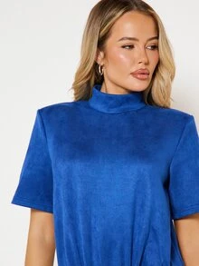 MISSGUIDED Faux Suede High Neck Short Sleeve Romper With Elasticated Waist And Mini Short Length One Piece Playsuit - Blue - View 2