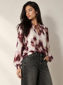 ELLERISSA White And Burgundy Abstract Print Tie Neck Balloon Sleeve Chiffon Blouse - Multicolor - View 3