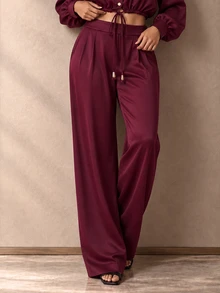 ELLERISSA Burgundy High Waist Pleated Wide Leg Satin Pants - Burgundy - View 3