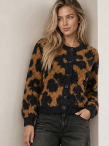 ELLERISSA Brown And Black Leopard Animal Jacquard Fluffy Round Neck Button Front Knit Fall Cardigan - Brown - View 1